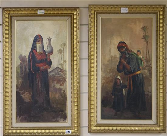 M. Kassab, pair of oils on canvas, portraits of veiled Arab women, signed, 60 x 30cm